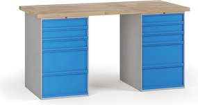 Dielenský pracovný stôl G7, buková škárovka, 1700 x 800 x 840 mm, 2x kontajner, 10 zásuviek, modrá