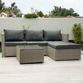 Béžová ratanová súprava so stolíkom a sivými vankúšmi