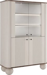 Vitrína Vesper 103 cm štvordverová - kašmír / orech / čierne úchytky / guľové nohy