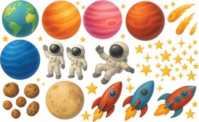 Kozmonauti planéty a rakety textilní prelepiteľné nálepky na stenu hárok 46 x 28 cm