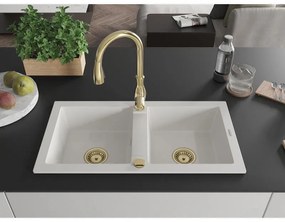 Mexen Mario, 2-komorový granitový drez 820x436x161 mm a drezová batéria Savita, biela, 6504-20-672601-50