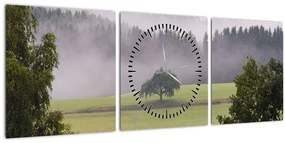Obraz lúky so stromom (s hodinami) (90x30 cm)