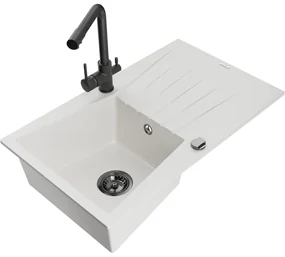 Mexen Cesar, granitový drez 775x470x190 mm, 1-komorový a čierna matná batéria Duero, biela, 6514-20-671600-70