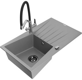 Mexen Cesar, 1-komorový granitový drez 775x470x190 mm a drezová batéria Duo, šedá, 6514-71-671701-07-B