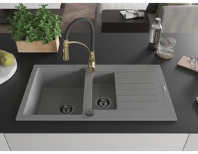 Mexen Matias, granitový drez 900x505x200 mm, 1,5-komorový a drezová batéria Aster, šedá, 6502-71-73450-57-B