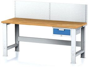 Alfa 3 Nastaviteľný dielenský stôl MECHANIC I, závesný box na náradie, nadstavba, 1 zásuvka, 2000x685x700-1055 mm, modré