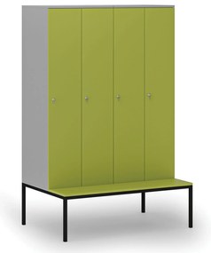 Drevená šatníková skrinka S4 s lavičkou, 4 oddiely, 1871 x 1200 x 500/800 mm, demont, cylindrický zámok, sivá/zelená