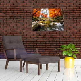 Obraz - Vodopády v jesennej krajine, oranžový (70x50 cm)