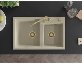 Mexen Tomas, granitový drez 800x500x190 mm, 2-komorový a drezová batéria Carla, béžová, 6516-69-670700-50