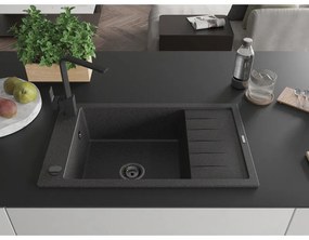 Mexen Elias, granitový drez granitový 795x480x200 mm, 1-komorový, čierna škvrnitá s čiernym sifónom a čierna drezová batéria Rita, 6511-76-670300-70-B