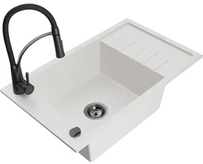 Mexen Elias, 1-komorový granitový drez 795x480x200 mm a drezová batéria Aster, biela, 6511-20-73450-70-B