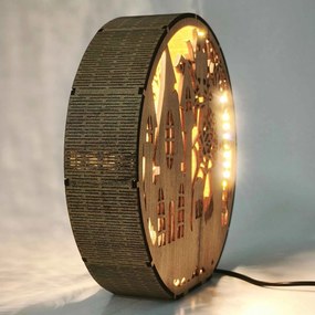 Drevená lampa Halloween - Strašidelný dom s sovou | DRACO: HDF - Orech 20 cm 4796-115339 LED0619