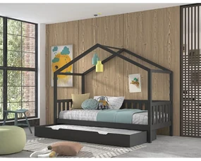 Antracitová domčeková detská posteľ z borovicového dreva 90x200 cm DALLAS – Vipack