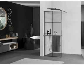 Mexen Kioto+, sprchová zástena Walk-In s poličkou a vešiakom 80 x 200 cm, 8mm číre sklo čierny vzor, grafitový profil, 800-080-121-95-77
