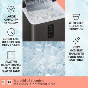Klarstein Albaron Supreme, výrobník ľadu, tvar náboja, 12 kg/24 h, nádrž 1,5 l, nehrdzavejúca oceľ
