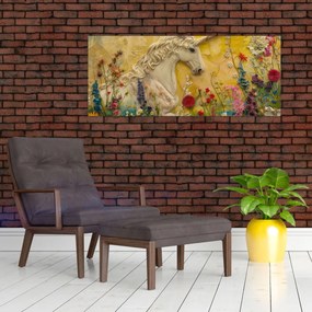Obraz - Jednorožec s kvetinami (120x50 cm)