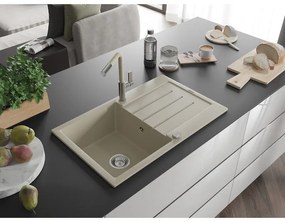 Mexen Bruno, 1-komorový granitový drez 795x495x200 mm a drezová batéria Flora, béžová, 6513-69-670401-09