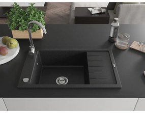 Mexen Elias, 1-komorový granitový drez s odkvapkávačom 80x48 cm a kuchynskou batériou Telma, čierna-strieborná, 6511-73-670200-00