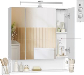 VASAGLE kúpeľňová skrinka s LED osvetlením a zásuvkami, 16,5 × 70 × 75 cm, v oblakovo bielej farbe