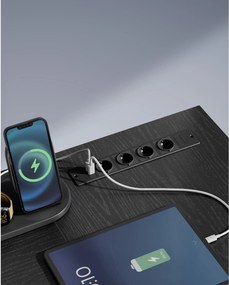 Písací a PC stôl v tvare písmena L so zásuvkami, rohový stôl s LED osvetlením, čierny