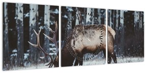 Obraz - jeleň v zime (s hodinami) (90x30 cm)