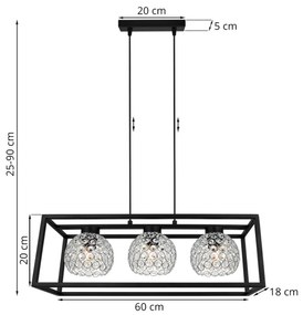 Závesné svietidlo CRYSTAL CAGE, 3x strieborné krištáľové tienidlo v kovovom ráme