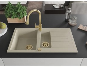 Mexen Matias, 1,5-komorový granitový drez 900x505x200 mm a drezová batéria Elia, béžová, 6502-69-670101-50