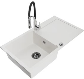Mexen Leo, granitový drez 900x500x190 mm, 1-komorový a drezová batéria Aster, biela, 6501-20-73450-07-B