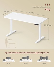 VASAGLE elektrický výškovo nastaviteľný písací stôl, 140 x 60 cm, biely
