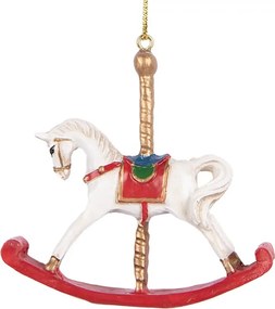 Bielo-červená závesná dekorácia hojdací koník - 8*2*7 cm