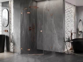 Mexen Lunar, päťuholníkový sprchový kút s ľavým sklonom 80 x 90 cm, 8mm číre sklo, profil medená matná, 831-080L-090P-65-00-L
