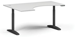 Výškovo nastaviteľný stôl OBOL, elektrický, 675-1325 mm, ergonomický ľavý, doska 1600x1200 mm, čierna zaoblená podnož, biela