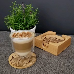 AMADEA Drevený stojanček hranatý so 4 okrúhlymi podtáčkami s potlačou, masívne drevo, 12,5x12,5x4,5cm