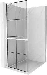 Mexen Kioto+ L, sprchová zástena Walk-In s poličkou a vešiakom 80 x 200 cm, 8mm číre sklo čierny vzor, biely profil, 800-080-123-20-77