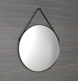 Sapho, ORBITER LED podsvietené guľaté zrkadlo s koženým popruhom, o 70cm, čierna mat