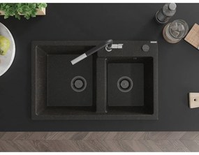 Mexen Tomas, 2-komorový granitový drez 800x500x190 mm a drezová batéria Flora, čierna-zlatá metalíza, 6516-75-670401-07-B