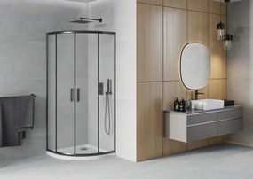 Mexen Rio, štvrťkruhový sprchovací kút s posuvnými dverami 90(dvere) x 90(dvere) x 190 cm, 6mm sklo námraza, čierny profil + biela sprchová vanička SLIM, 863-090-090-70-30-4110B