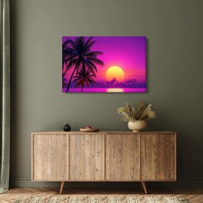 Obraz - Fialový západ s palmou (90x60 cm)