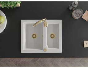 Mexen Carlos, granitový drez 582x475x177 mm, 1,5-komorový a zlatá drezová batéria Telma, biela, 6518-20-670200-50