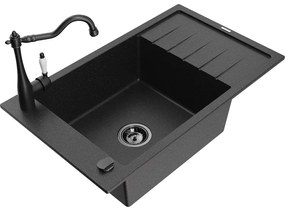 Mexen Elias, granitový drez 795x480x200 mm, 1-komorový a drezová batéria Carla, čierna-strieborná metalíza, 6511-73-670700-70-B