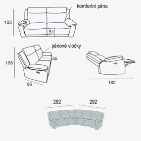 Kožená sedacia súprava CONTINENTAL rohová s funkciou relax, elektrické, sivá (cenere 318)