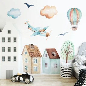 Gario Detská nálepka na stenu Boys world - lietadlo, balón, domy a strom