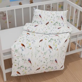 Biante Detské bavlnené posteľné obliečky do postieľky Sandra SA-392 Lúčne kvietky s vtáčikmi Do postieľky 90x140 a 40x60 cm
