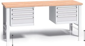 Výškovo nastaviteľný pracovný stôl do dielne G3 s 2 závesnými boxami na náradie, buková škárovka, 6 zásuviek, 2000 x 685 x 840 - 1050 mm, sivá