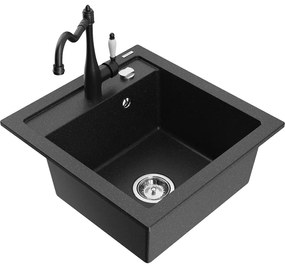 Mexen Vito, granitový drez 490x520x210 mm, 1-komorový a drezová batéria Carla, čierna-strieborná metalíza, 6503-73-670700-70