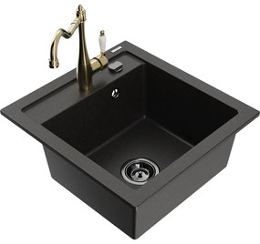 Mexen Vito, granitový drez 490x520x210 mm, 1-komorový a drezová batéria Carla, čierna-zlatá metalíza, 6503-75-670700-50-B