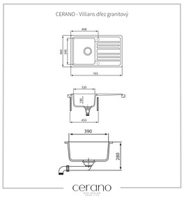 Cerano Villians, drez granitový, 1-komorový s odkvapkávačom, 765x460x190 mm, čierna metalická, CER-LIVSQ101-B