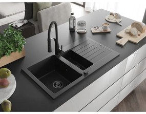 Mexen Matias, granitový drez 900x505x200 mm, 1,5-komorový a drezová batéria Aster, čierna-strieborná metalíza, 6502-73-73450-70-B