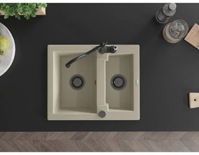 Mexen Carlos, granitový drez 582x475x177 mm, 1,5-komorový a drezová batéria Carla, béžová, 6518-69-670700-70