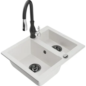 Mexen Carlos, 1,5-komorový granitový drez 582x475x177 mm a drezová batéria Savita, biela, 6518-20-672601-70